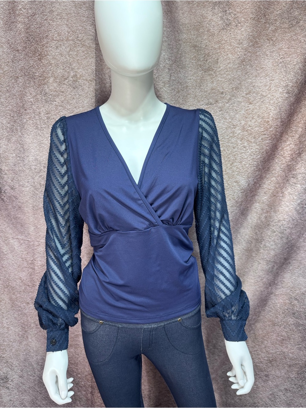 NWOT Large Women's Navy Sheer-Sleeve Blouse